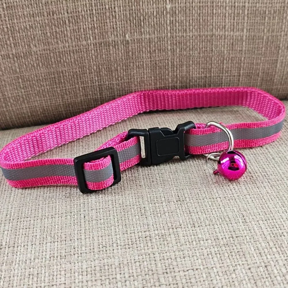 Cat Collar W/ Bell Pink/Gray Reflective Nylon Cat Safety Collar Size Adjust